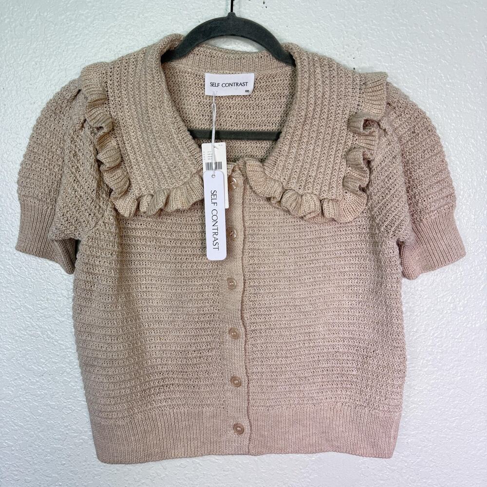 Self Contrast Anthropologie Cardigan Womens XXS Ainsley Ruffle Collar Sweater